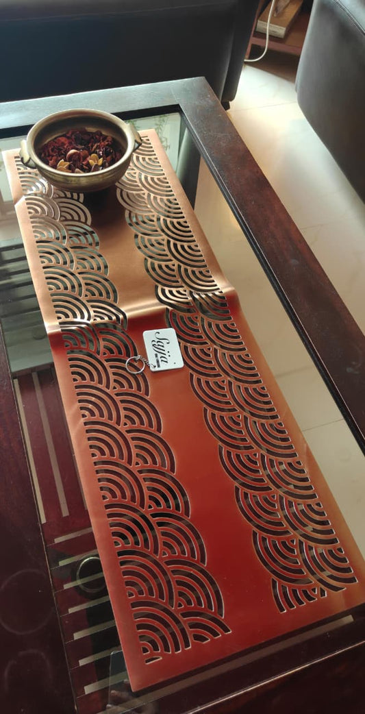 Geometrical Laser Cut Rexene poly vinyl cutwork 13 x 37 Bronze Copper Table Runner -Waterproof, Heat Resistant, Non-Slip