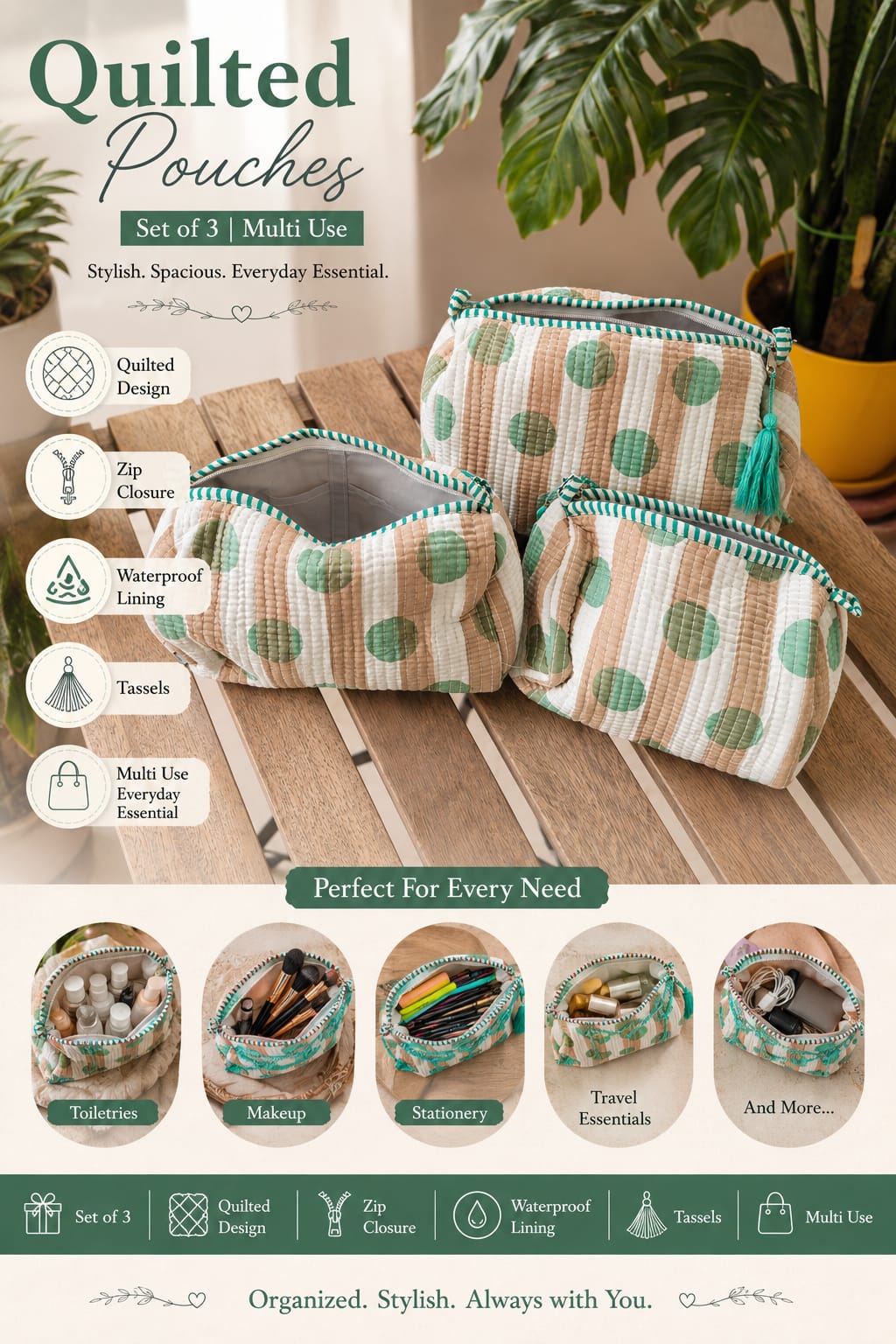 Designer White Sea Green Hand block printed cotton pouch - Set of 3