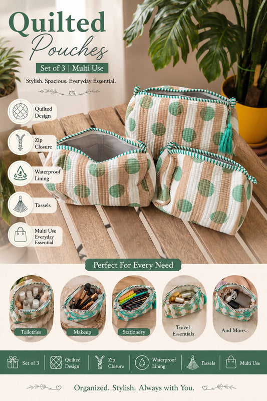 Designer White Sea Green Hand block printed cotton pouch - Set of 3