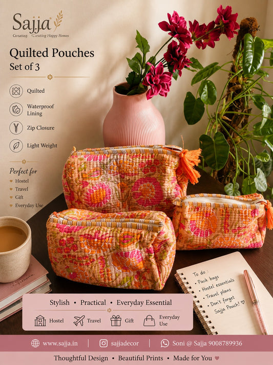 Pouches Travel Companion Hand Block Printed Cotton Quilted Floral Toiletry Bag 3 Piece Combo Set Waterproof Travel Kit