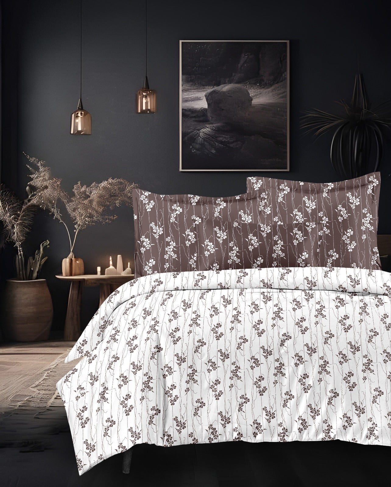 Designer Luxury Living Cotton Chocolate White Floral King Double Bedsheet 9 feet x 9 feet