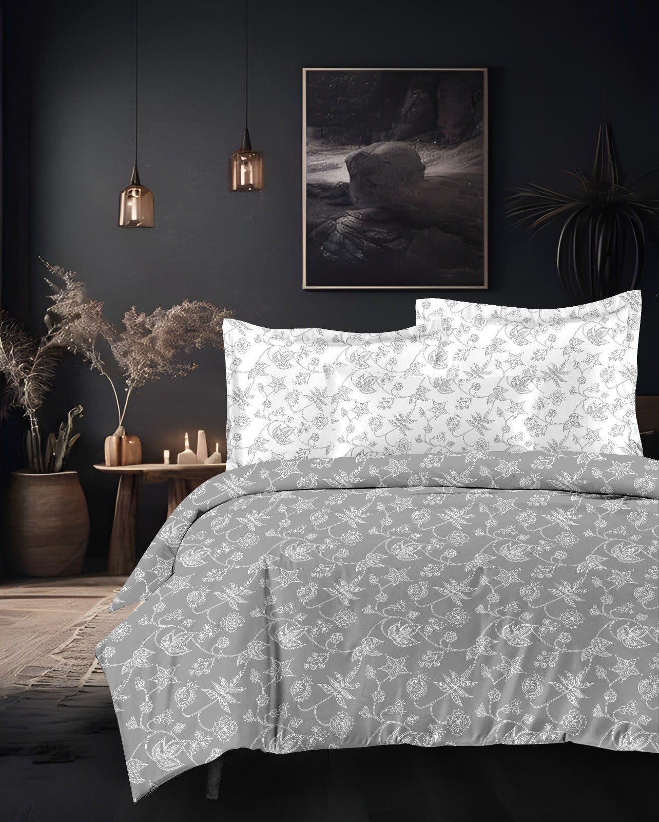 Designer French Luxury Living Cotton Modern Grey White King Double Bedsheet 9 feet x 9 feet