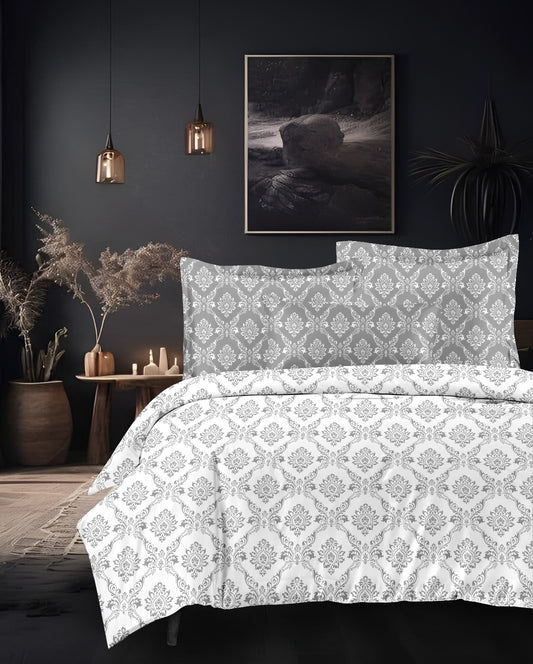 Designer French Luxury Living Cotton Modern Grey White King Double Bedsheet 9 feet x 9 feet