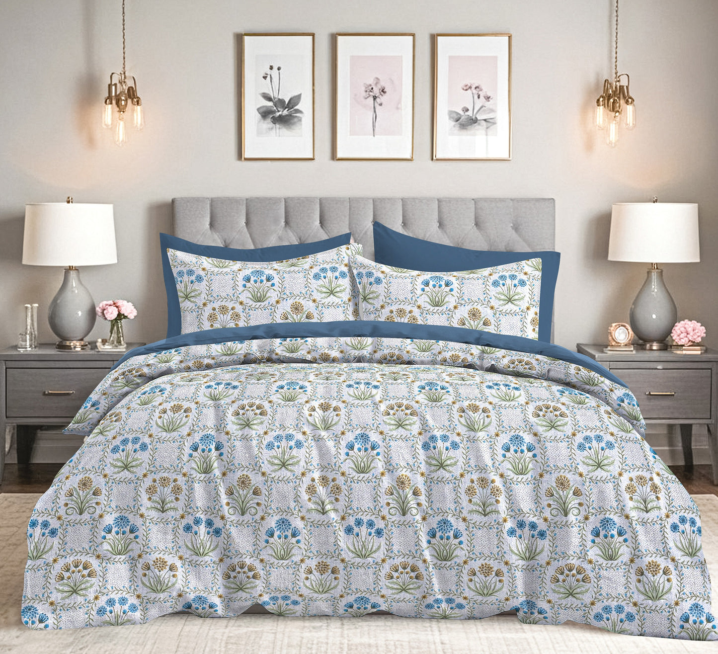 Luxury Living Floral Blue King Bedsheet 9 feet x 9 feet 