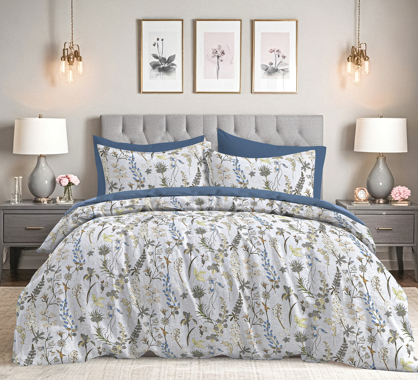 Premium Opulence Floral Ash Blue King Bedsheet 108 inches x 108 inches