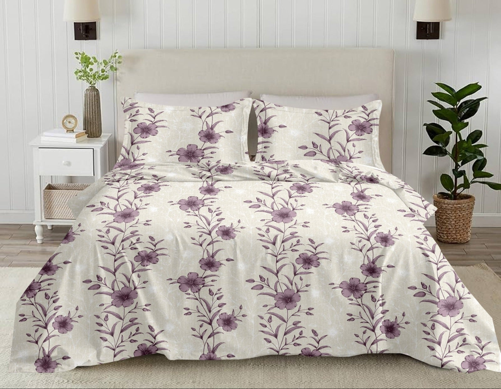 Luxury Collection Elegant Floral Beige Purple Cotton Double Bed King Bedsheet 9f x 9f