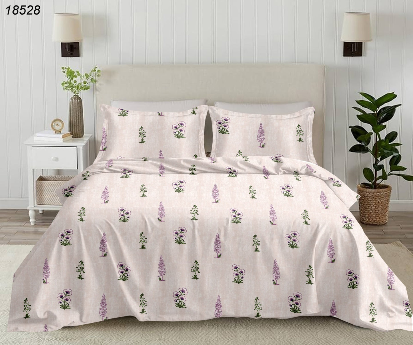 Premium Luxury Collection Cotton Blush Purple Pink hued Leaves Double Bedsheet Super King 9f x 9f