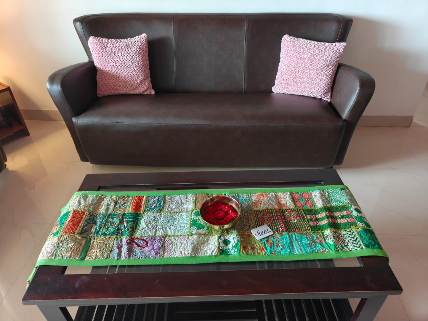 Buy Vintage Green Ethnic Embroidered Cotton Table Runner (14 x 60 inches)