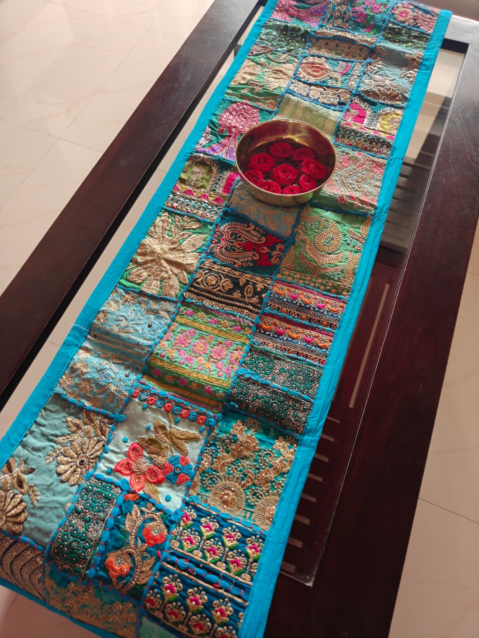Feroza Blue Khambadiya Patchwork Table Runner (Onesize)  (14 x 60 inches)