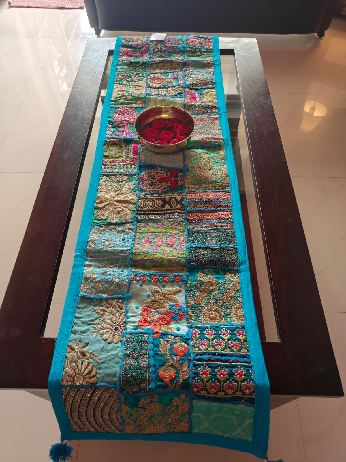 Feroza Blue Khambadiya Patchwork Table Runner (Onesize)  (14 x 60 inches)