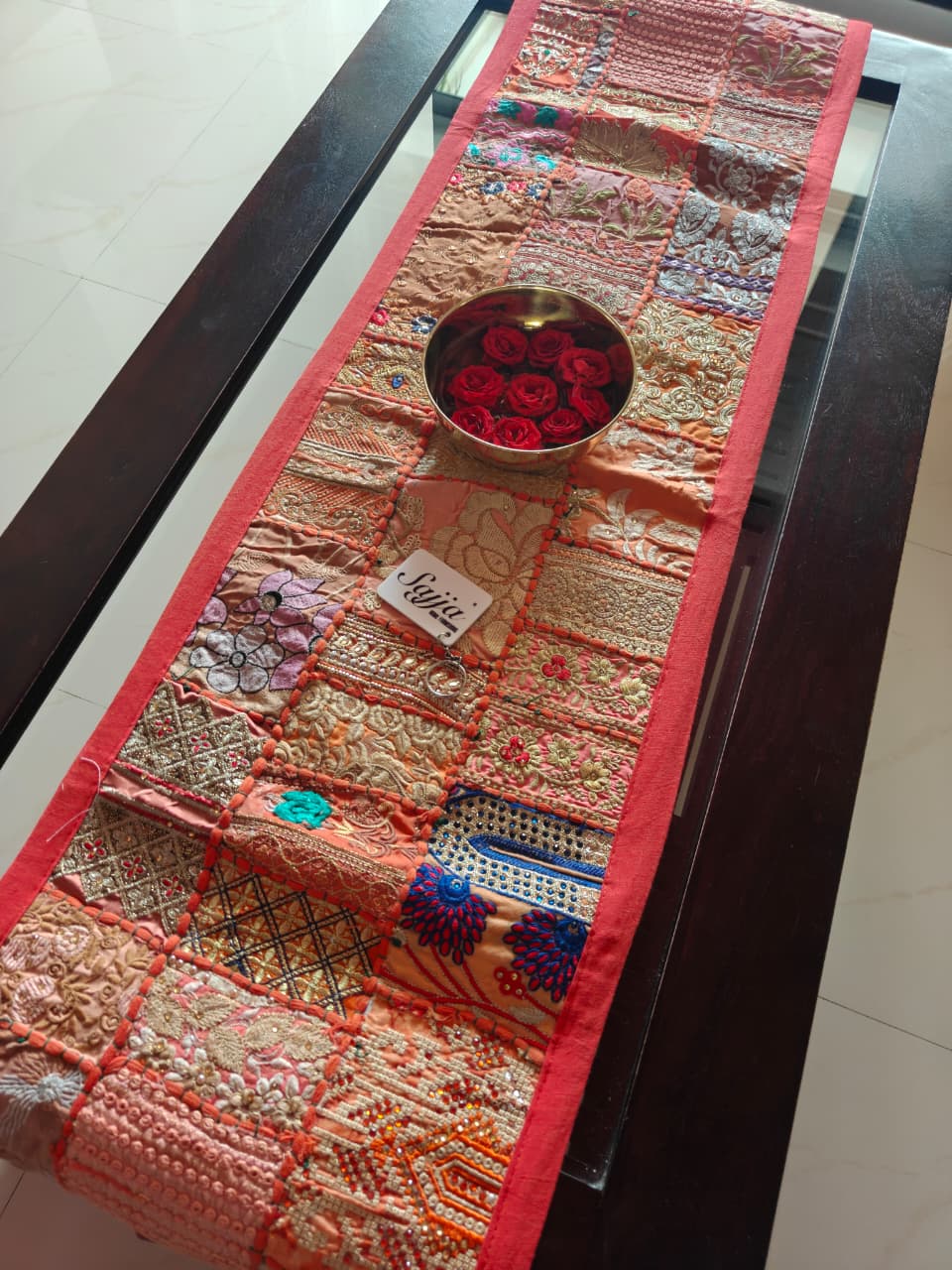 Ethnic Khambadiya Embroidery Orange Cotton Table Runner ( 14x 60 inches)