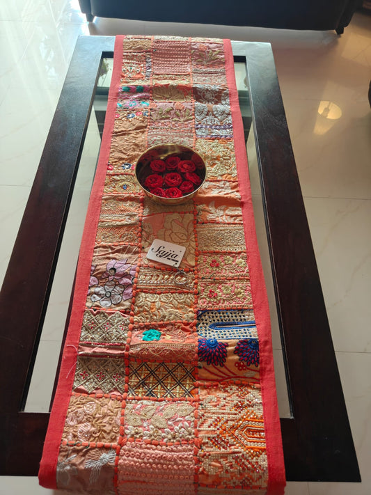 Ethnic Khambadiya Embroidery Orange Cotton Table Runner ( 14x 60 inches)