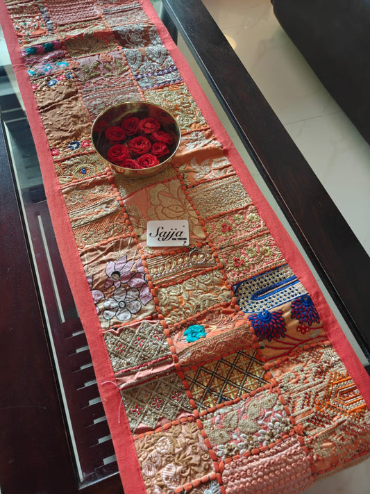Ethnic Khambadiya Embroidery Orange Cotton Table Runner ( 14x 60 inches)