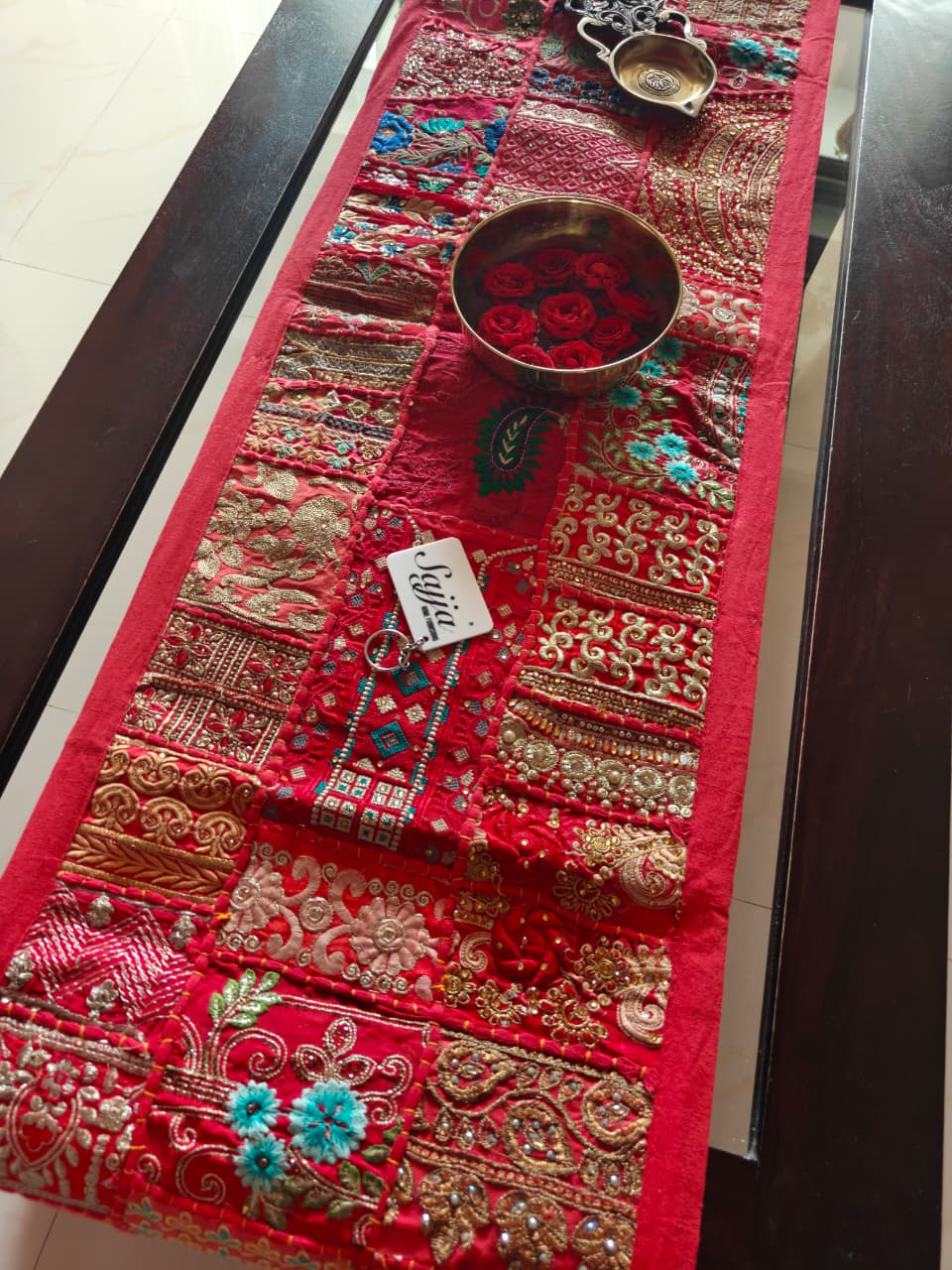 Red Patchwork Embroidered Cotton Khambadiya Patchwork Table Runner