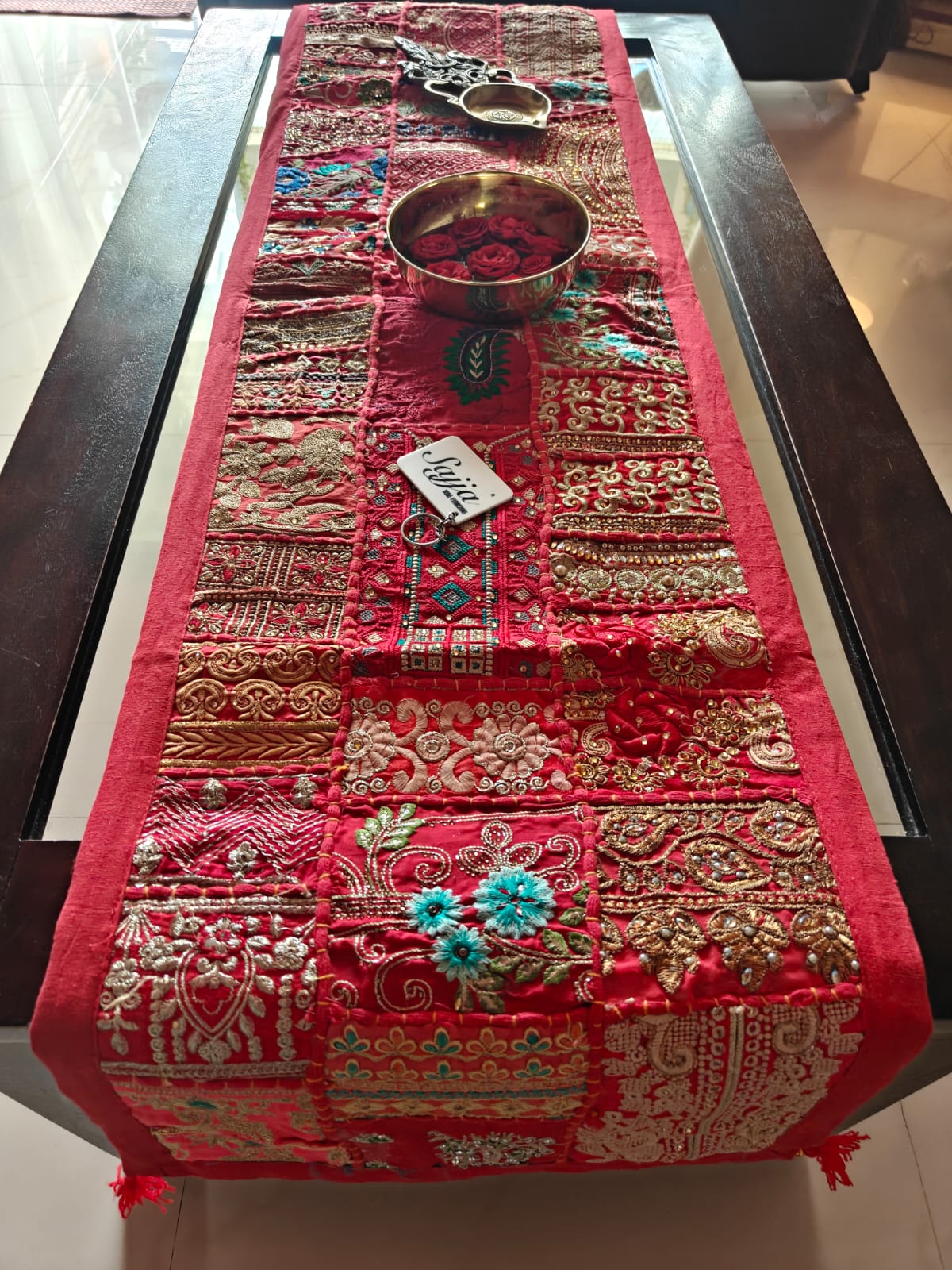 Red Patchwork Embroidered Cotton Khambadiya Patchwork Table Runner