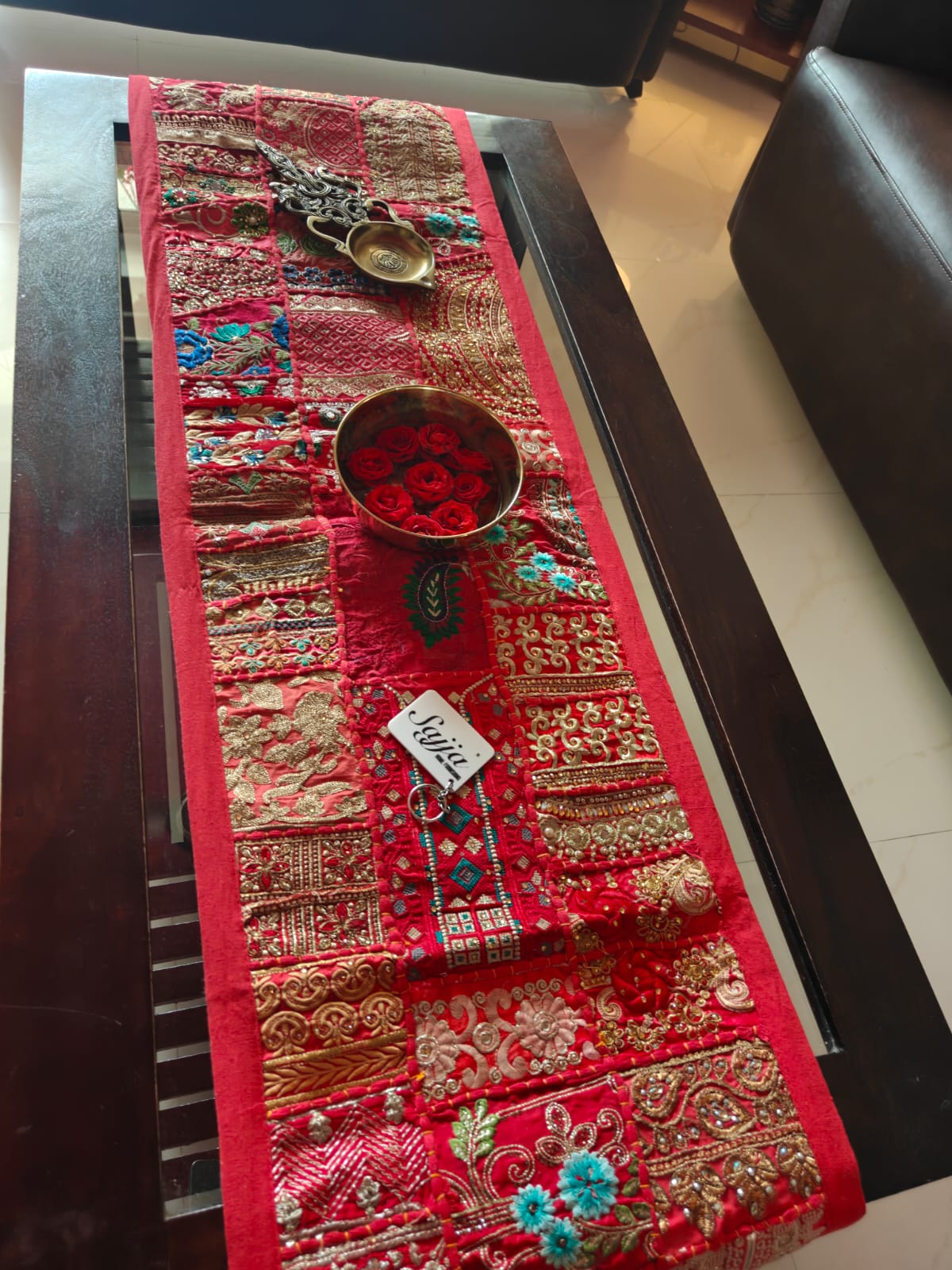 Red Patchwork Embroidered Cotton Khambadiya Patchwork Table Runner