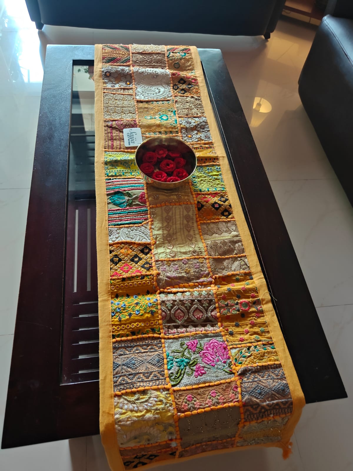 Mango Yellow Ethnic Embroidered Cotton Table Runner (14 x 60 inches)