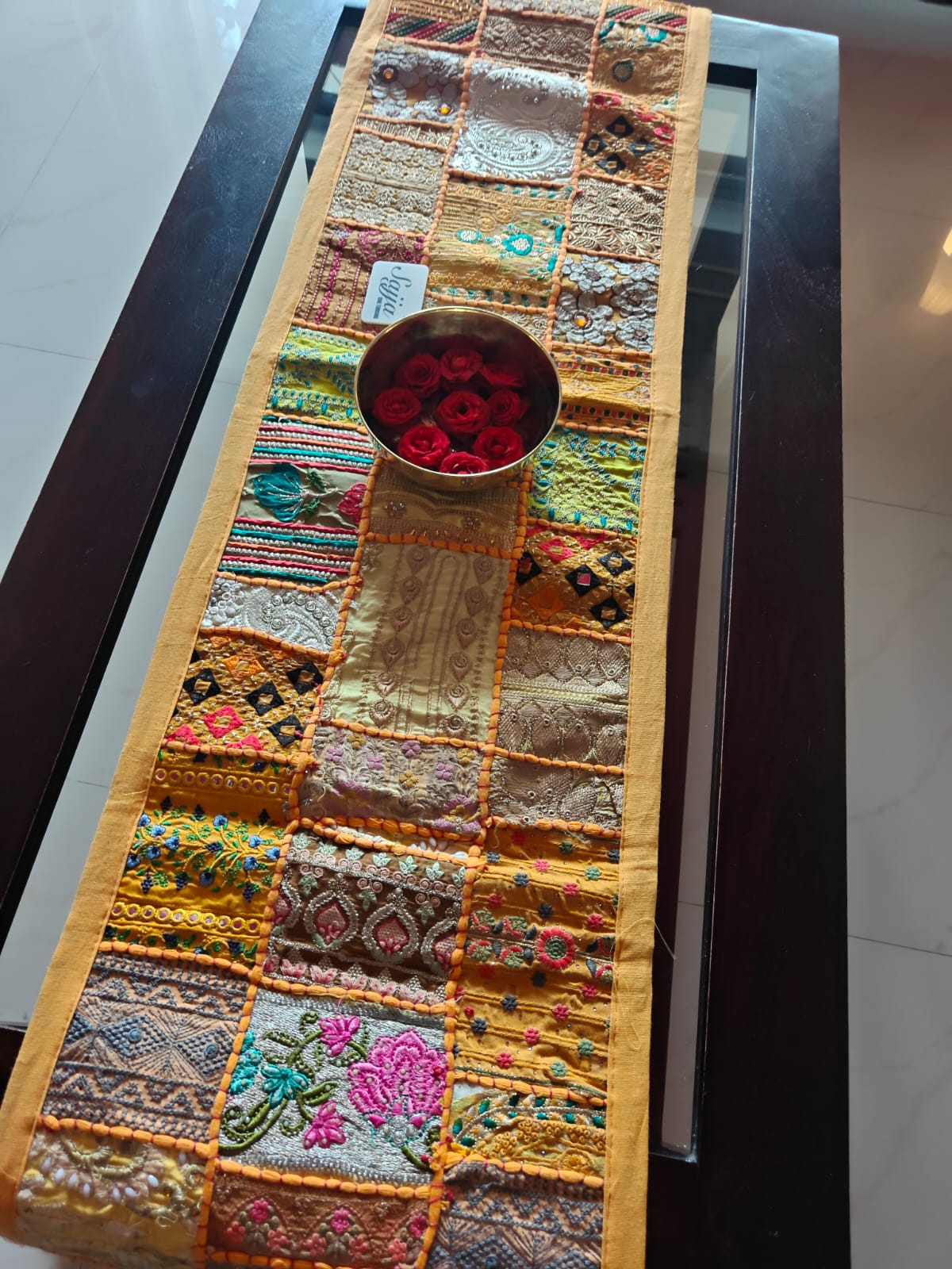 Mango Yellow Ethnic Embroidered Cotton Table Runner (14 x 60 inches)