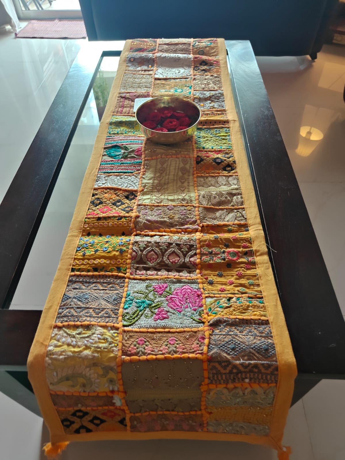 Mango Yellow Ethnic Embroidered Cotton Table Runner (14 x 60 inches)