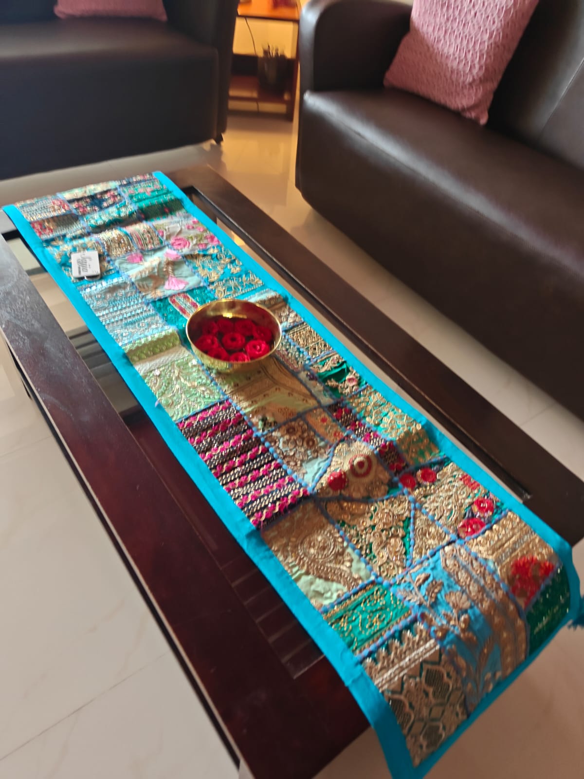 Trendy Ethnic Embroidered Turquosie Blue Cotton Table Runner (14 x 60 inches)