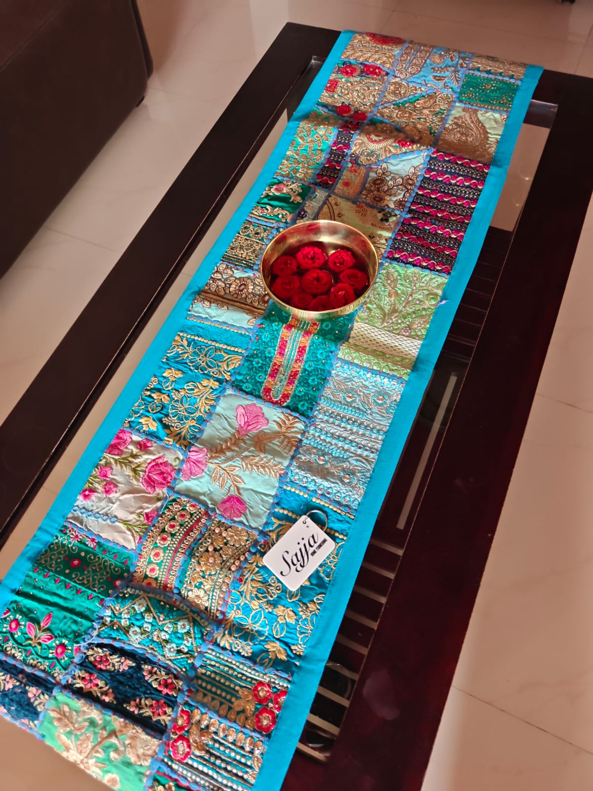 Trendy Ethnic Embroidered Turquosie Blue Cotton Table Runner (14 x 60 inches)