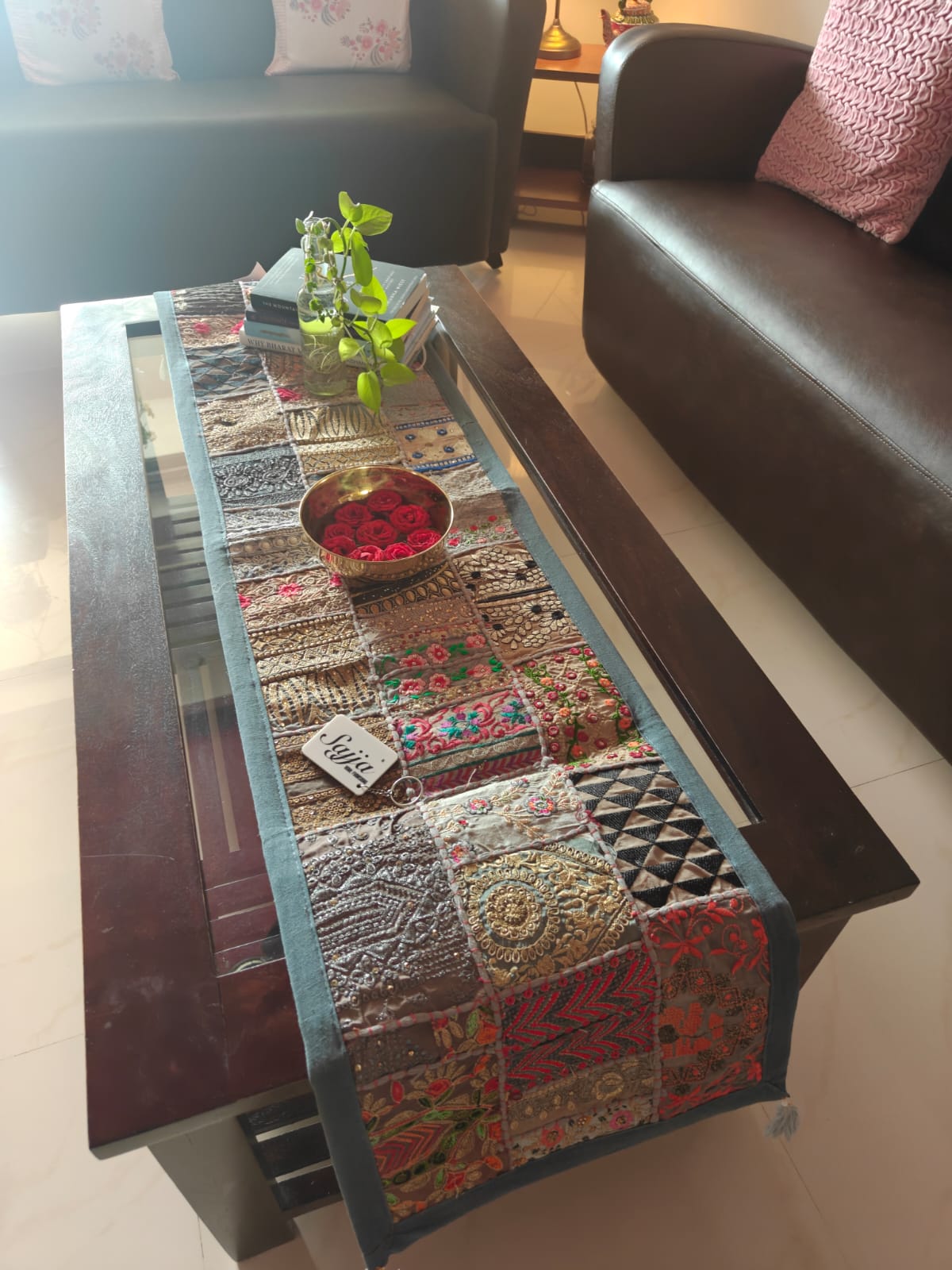 Ethnic Rectangular Khambadiya Embroidery Grey Cotton Table Runner ( 14x 60 inches)