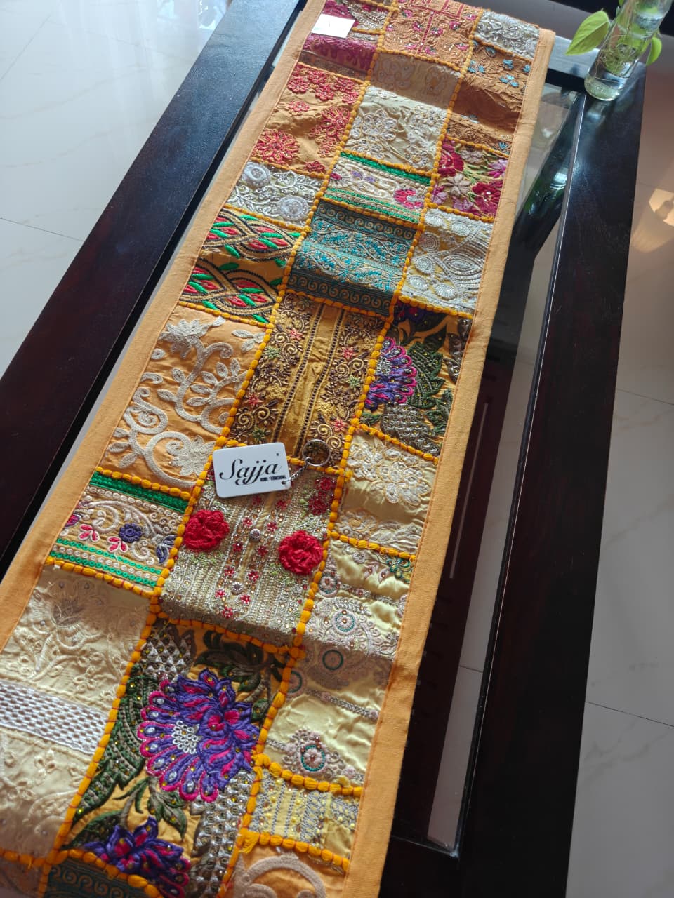 Elegant Ethnic Rectangular Festive Yellow Cotton Table Runner (14 x 60 inches)