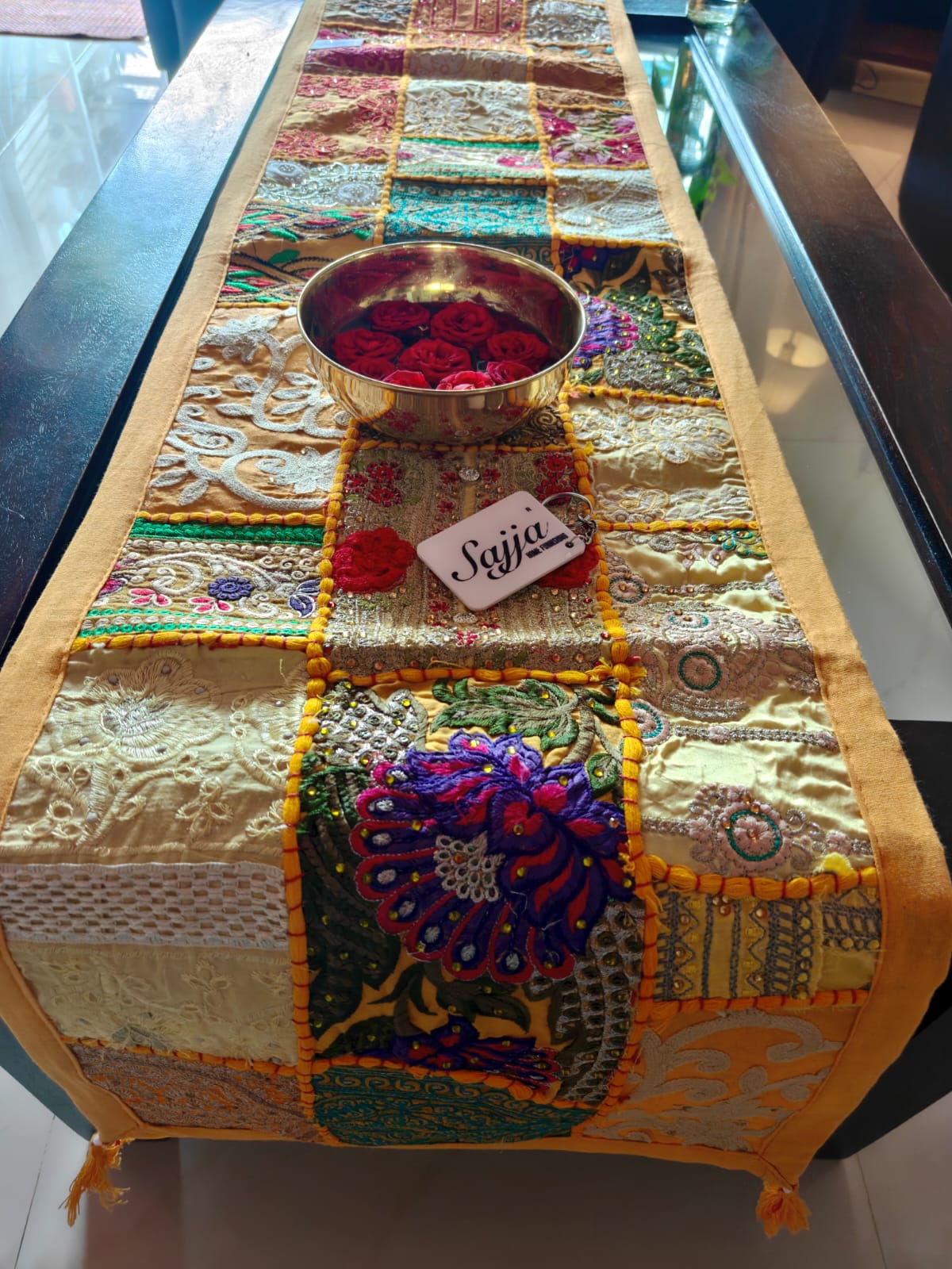 Elegant Ethnic Rectangular Festive Yellow Cotton Table Runner (14 x 60 inches)
