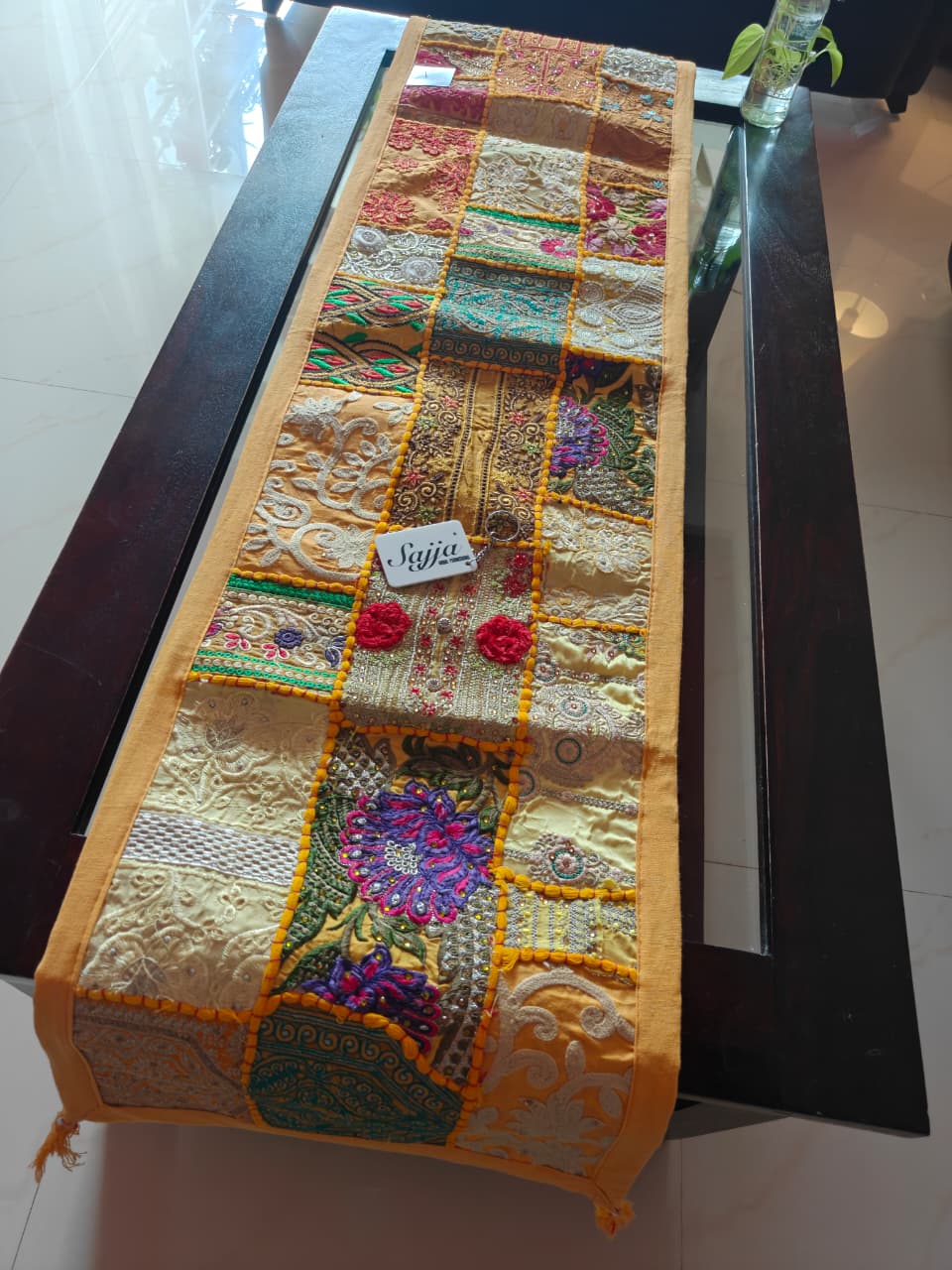 Elegant Ethnic Rectangular Festive Yellow Cotton Table Runner (14 x 60 inches)