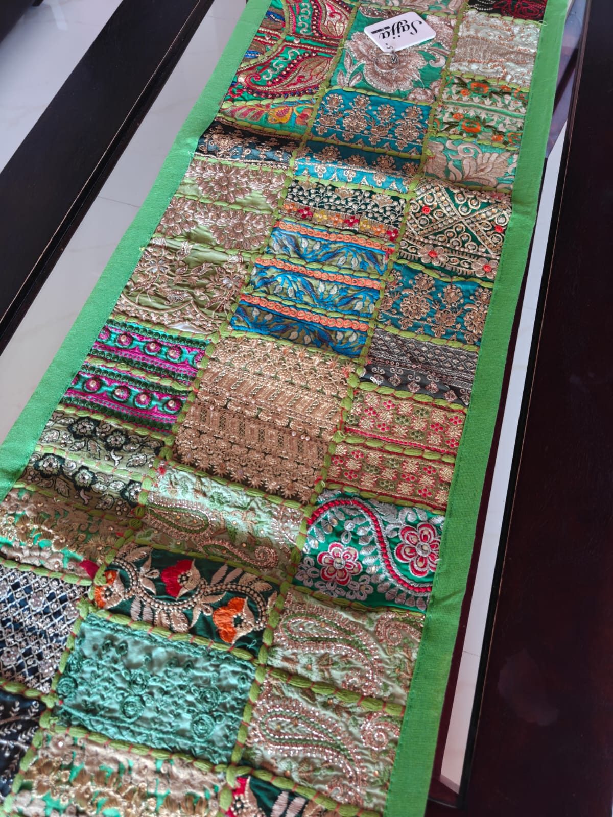 Antique Ethnic Embroidered Green Cotton Table Runner (14 x 60 inches)