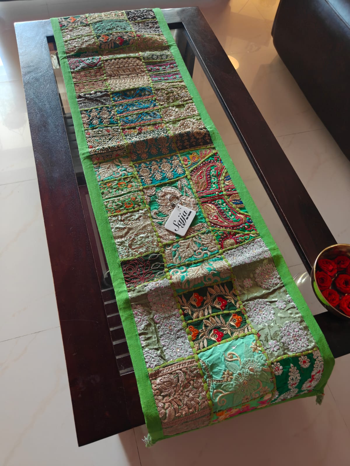 Antique Ethnic Embroidered Green Cotton Table Runner (14 x 60 inches)