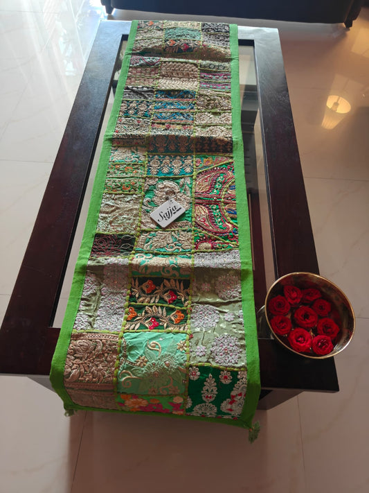 Antique Ethnic Embroidered Green Cotton Table Runner (14 x 60 inches)