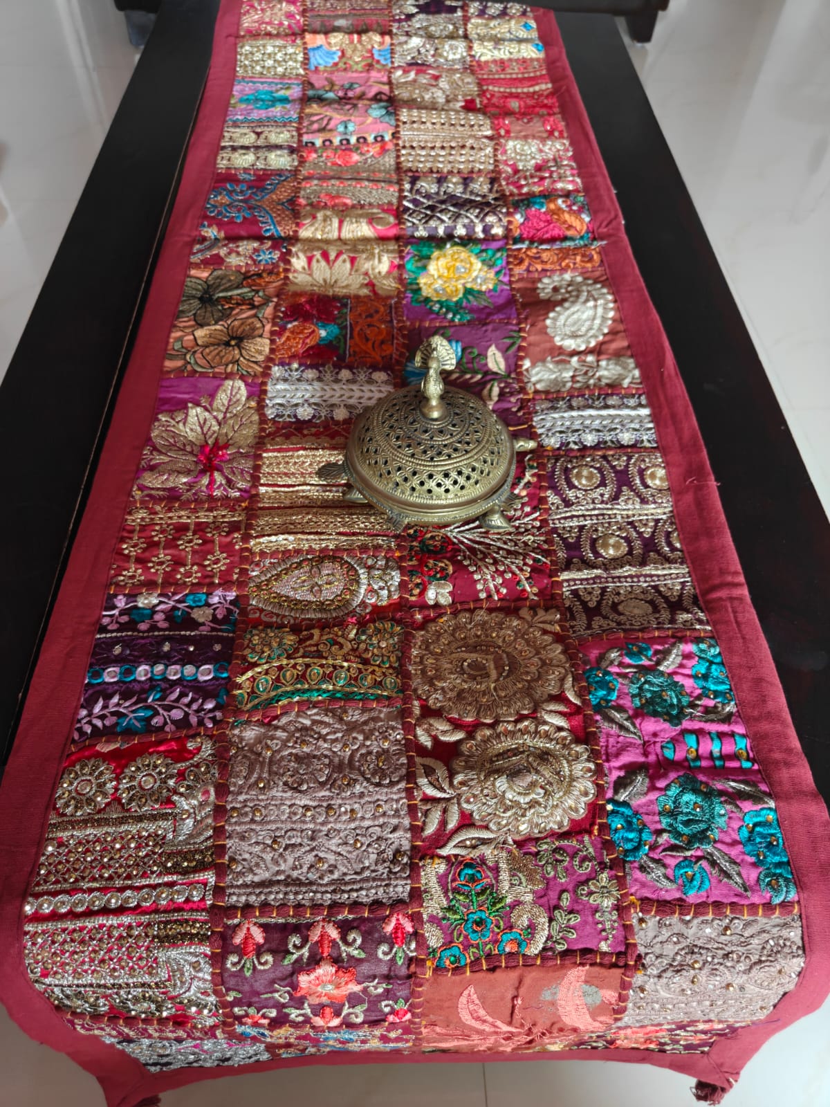Shimmery Zari Ethnic Rectangular Big Rust Maroon Cotton Table Runner ( 16 x 72 inches)