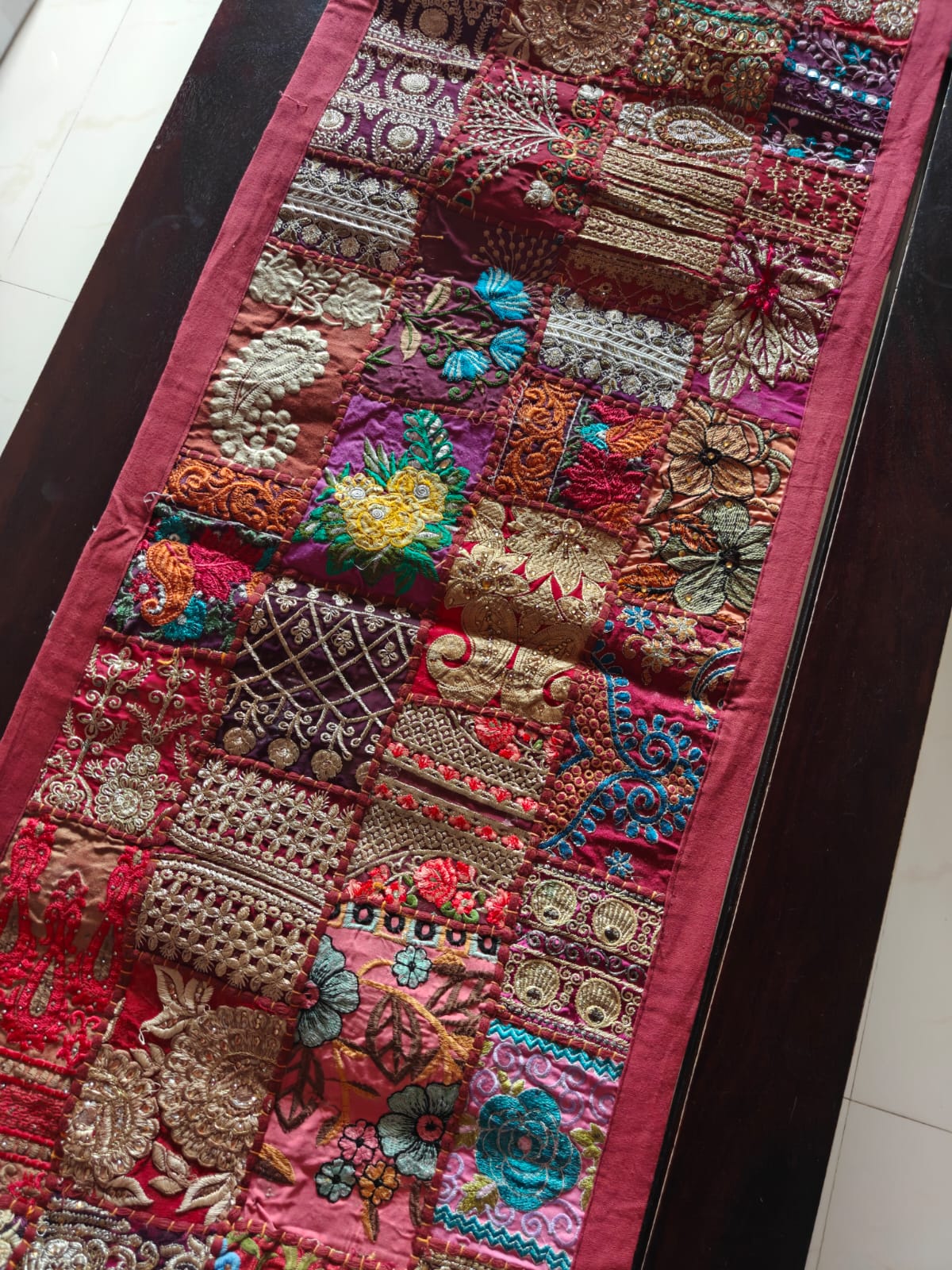 Shimmery Zari Ethnic Rectangular Big Rust Maroon Cotton Table Runner ( 16 x 72 inches)