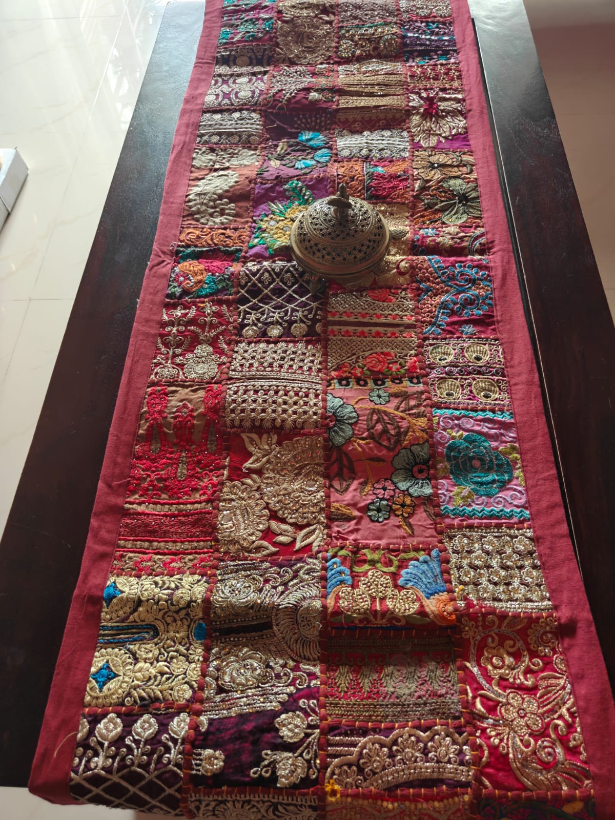 Shimmery Zari Ethnic Rectangular Big Rust Maroon Cotton Table Runner ( 16 x 72 inches)