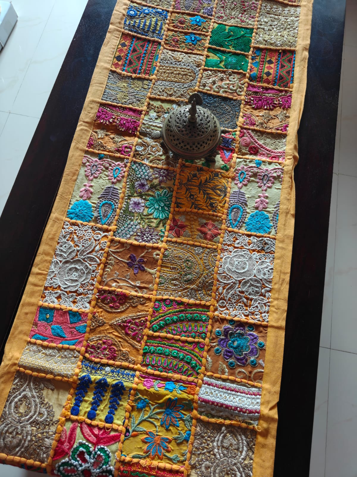 Khambhadiya Festive Rectangular Yellow Cotton Table Runner ( 16 x 72 inches)