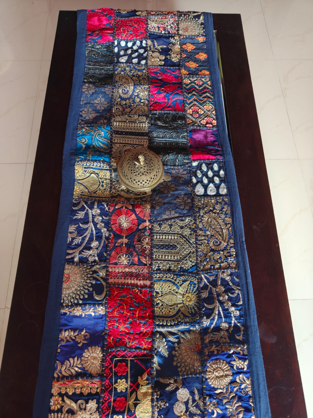 Big Royal Blue Hand Embroidered Khambhadiya Patchwork Multicolor Cotton Table Runner 16 x 72 inches