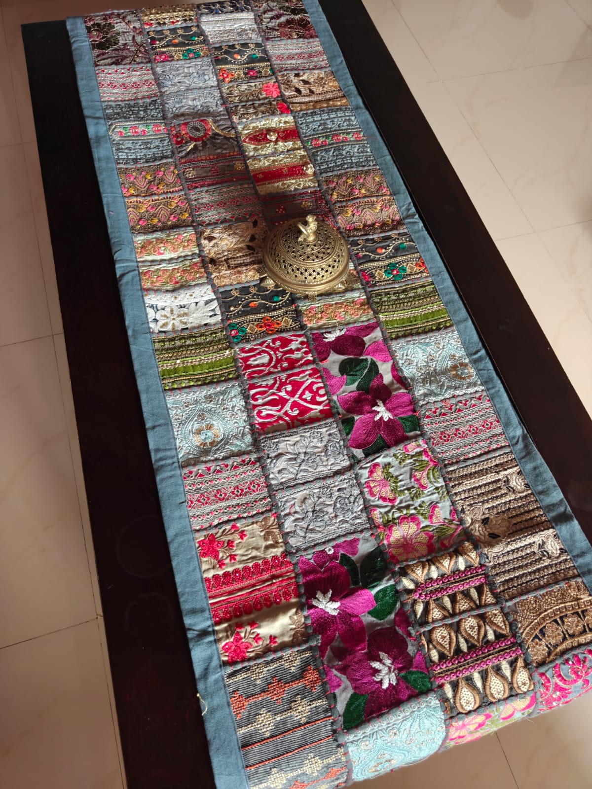 Big Grey Hand Embroidered Khambhadiya Patchwork Multicolor Cotton Table Runner 16 x 72 inches