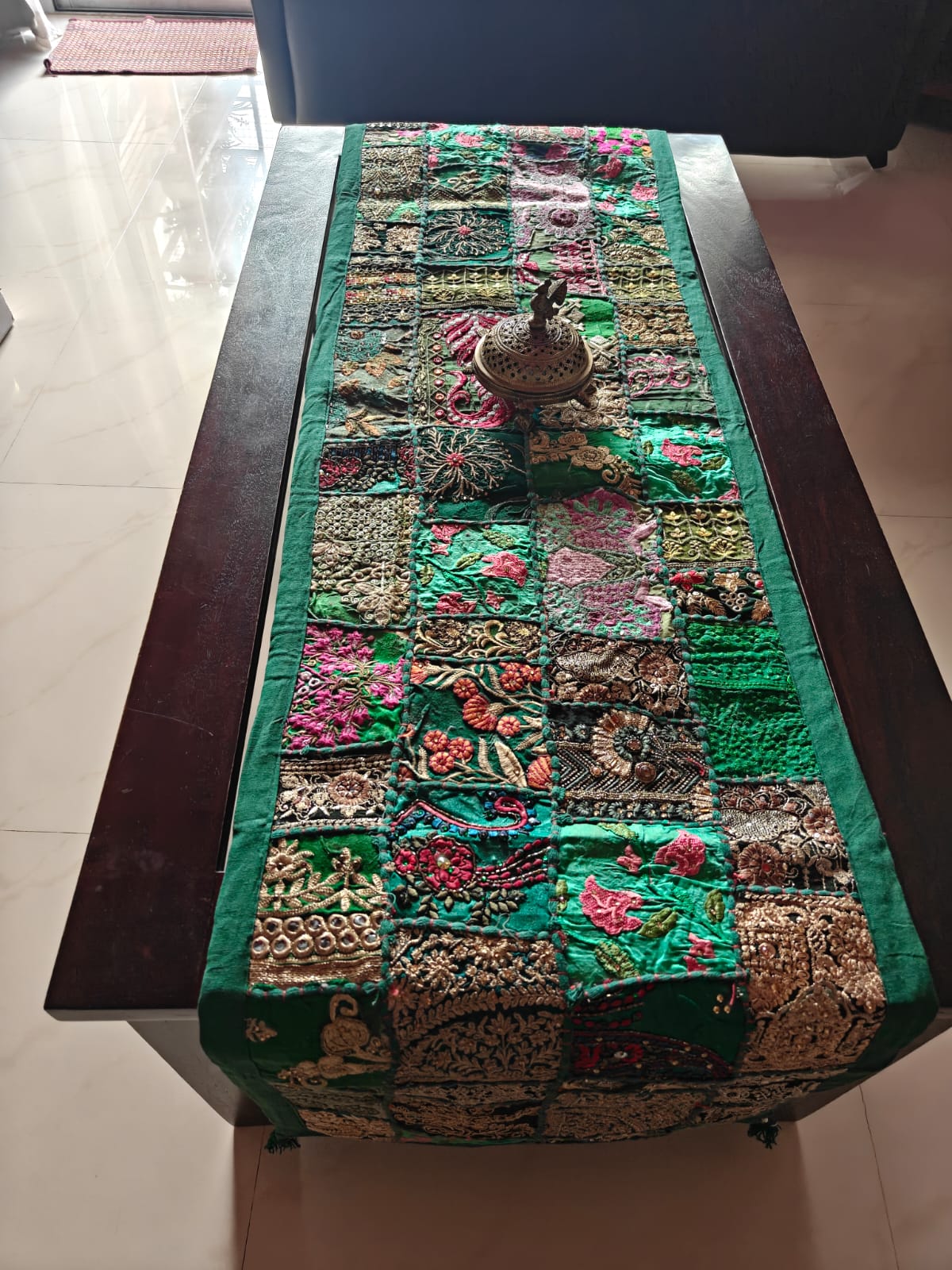 Khambhadiya Festive Rectangular Green Cotton Table Runner ( 16 x 72 inches)