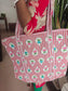 Bright Pink Striped Floral Hand block Printed Quilted Tote Bag  (Large With Zipper)