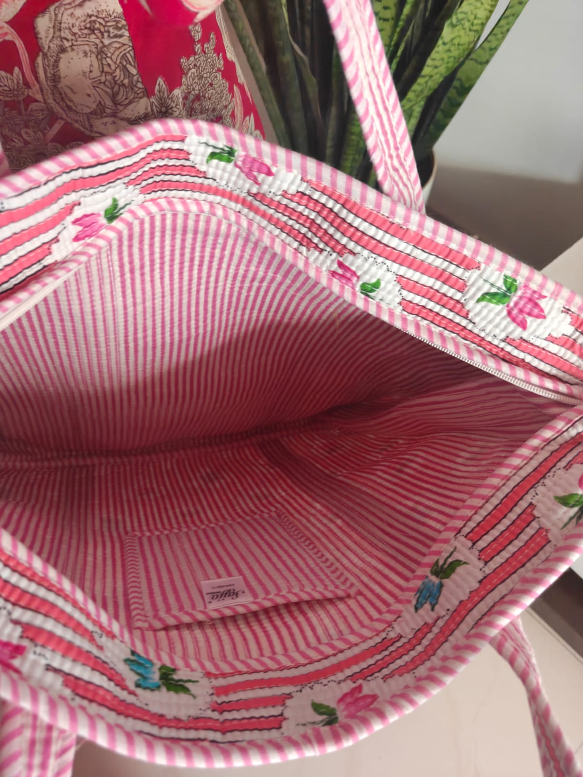 Bright Pink Striped Floral Hand block Printed Quilted Tote Bag  (Large With Zipper)
