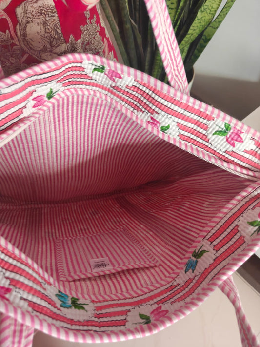 Bright Pink Striped Floral Hand block Printed Quilted Tote Bag  (Large With Zipper)
