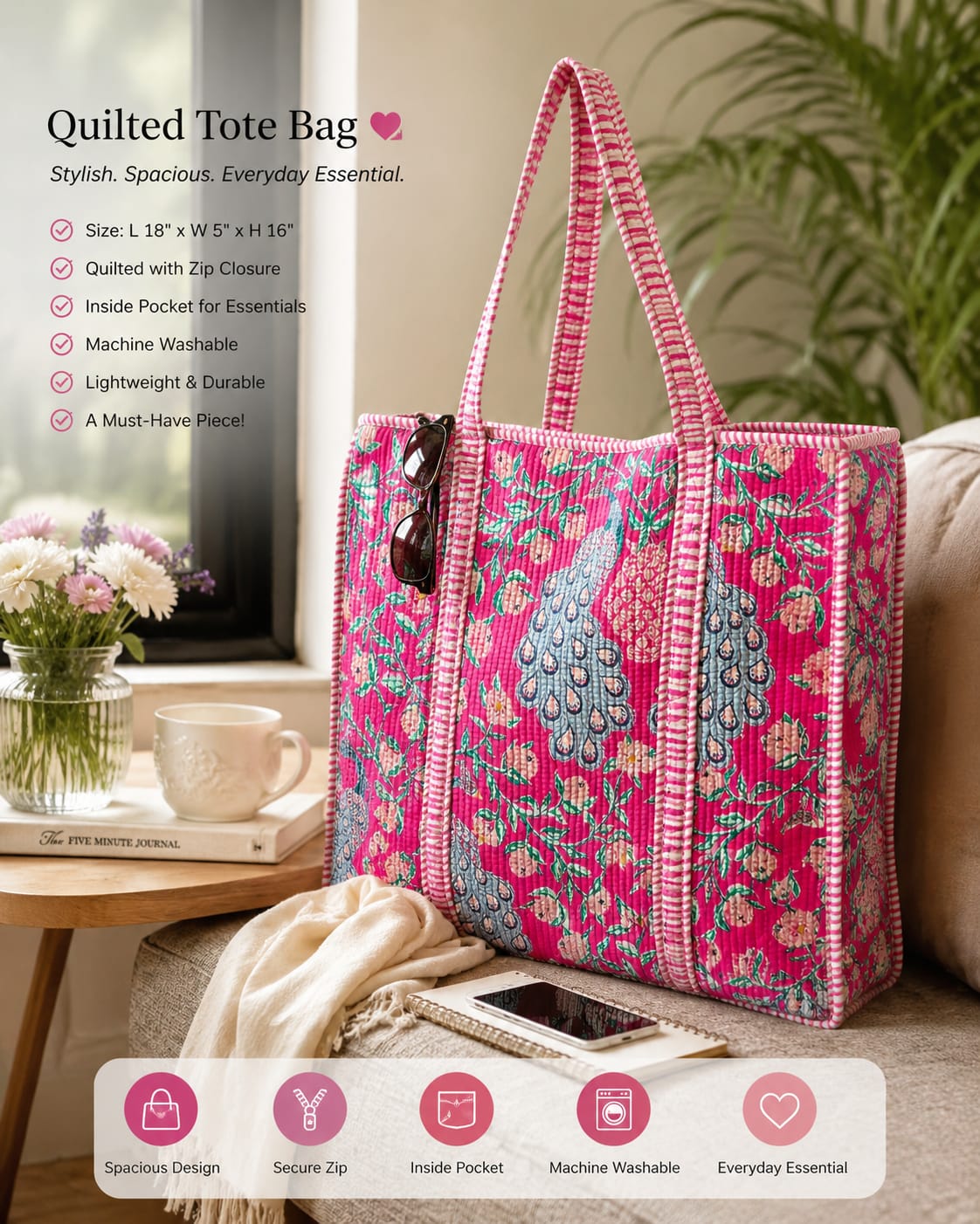Peacock Block print tote bag - Boho quilted women's bags - Women's handbag - Pink Hand block Printed Quilted cotton Shoulder Bag