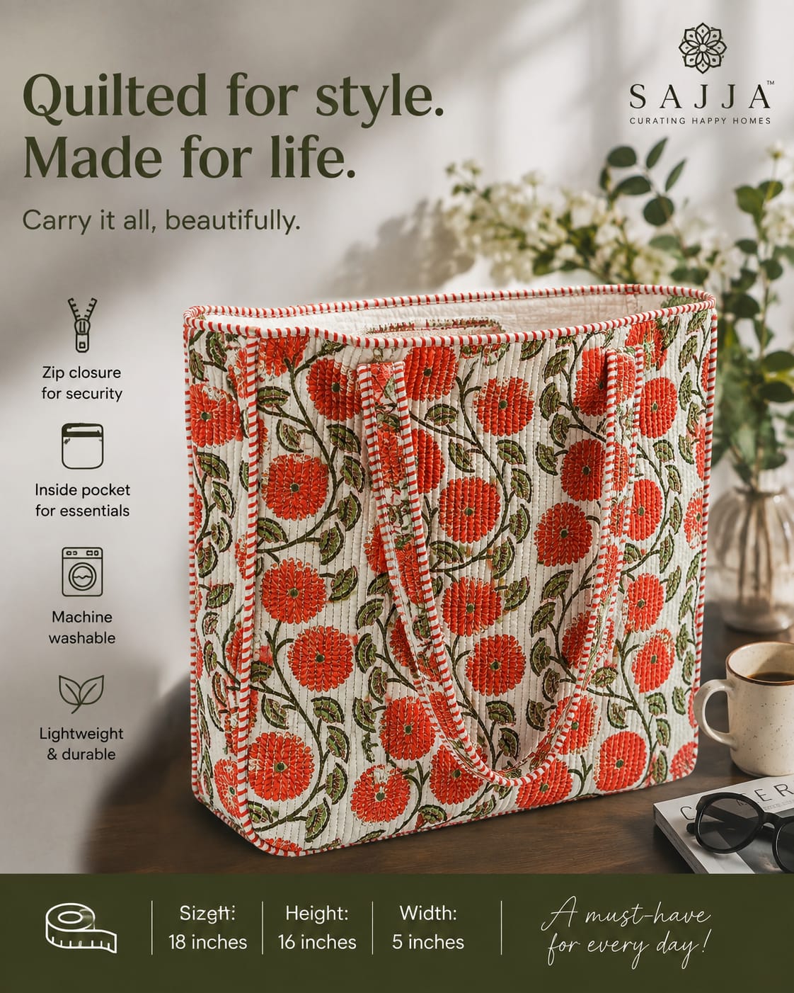 Orange Floral Hand block Printed Quilted Tote Bag with concealed zip 16x 18x 5 inches | hand block printed quilted tote bag