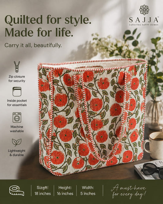 Orange Floral Hand block Printed Quilted Tote Bag with concealed zip 16x 18x 5 inches | hand block printed quilted tote bag