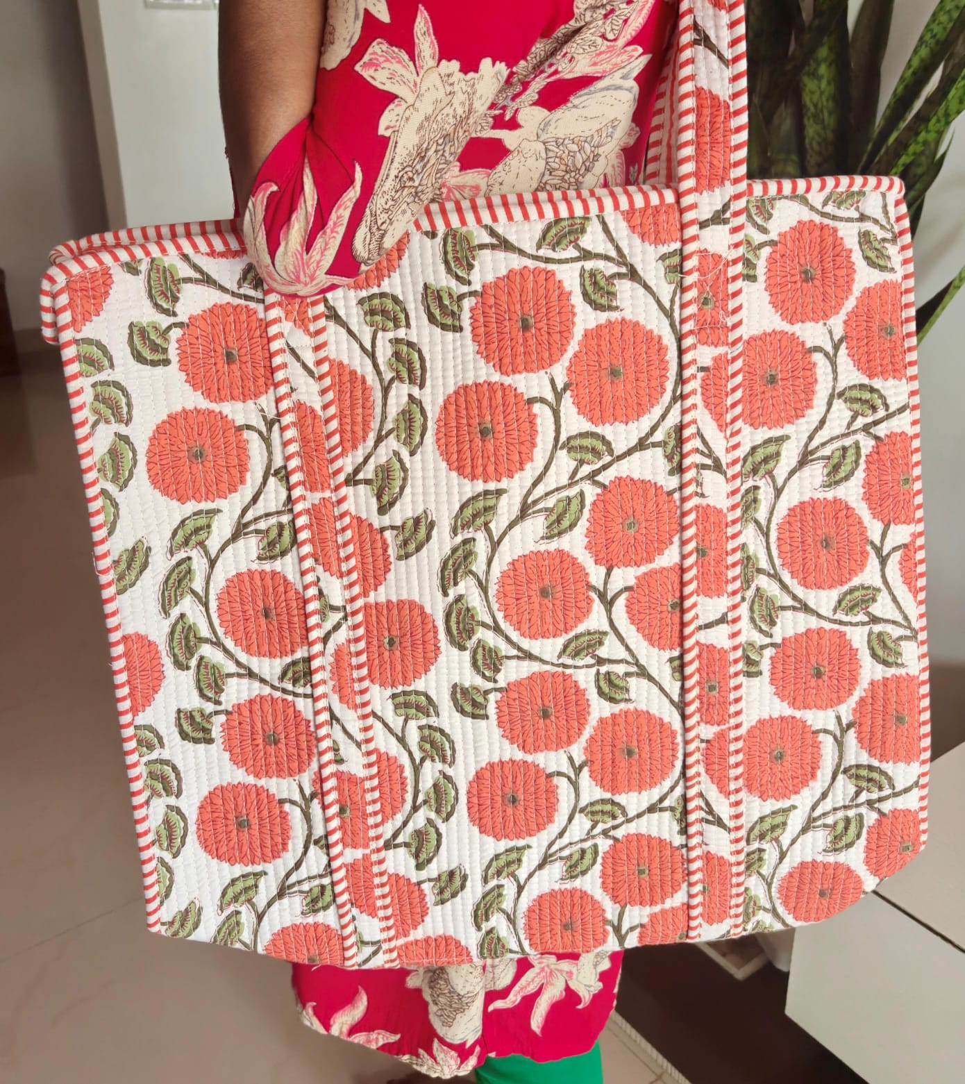 Orange Floral Hand block Printed Quilted Tote Bag with concealed zip 16x 18x 5 inches | hand block printed quilted tote bag