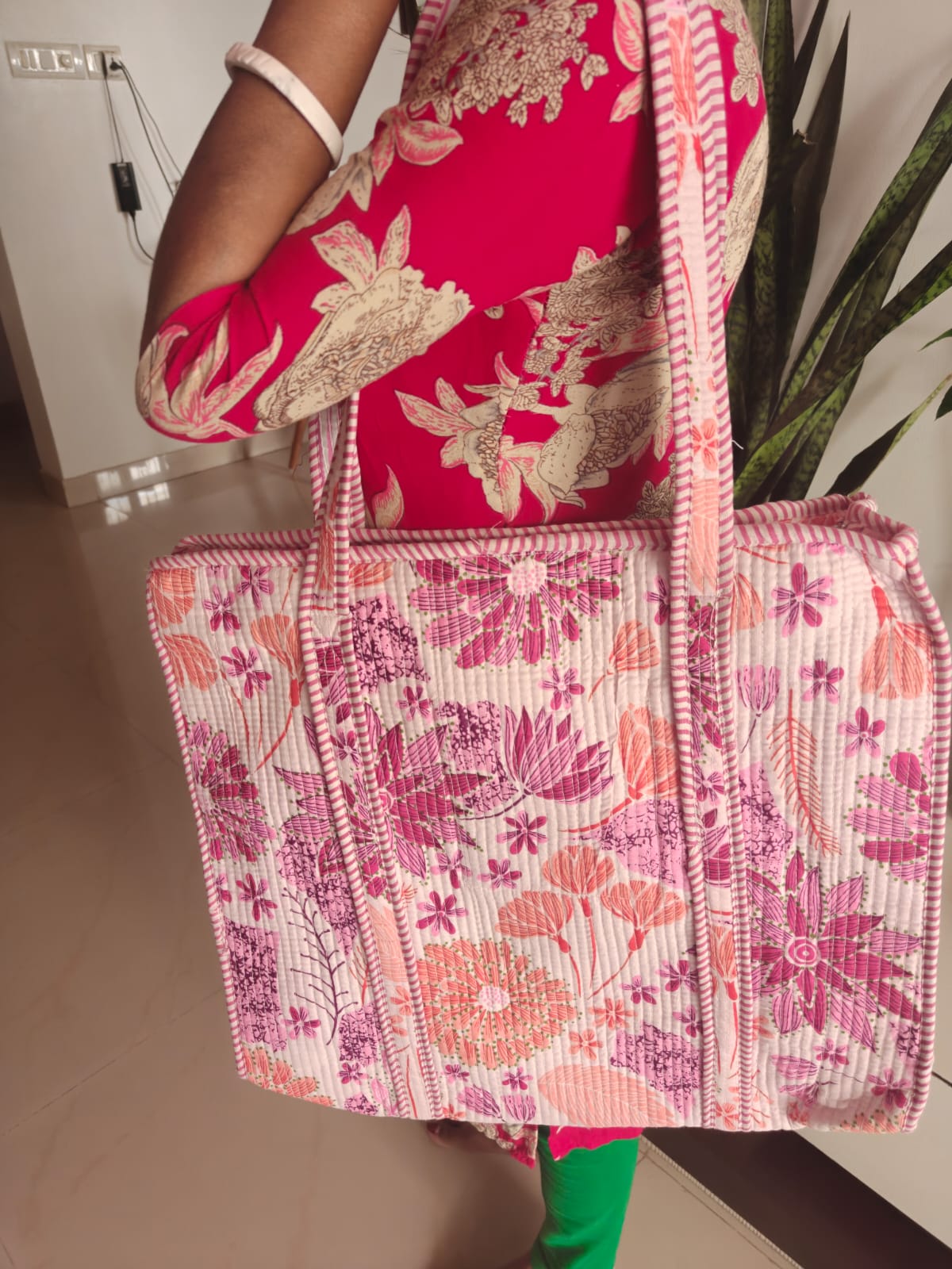 Striped Yellow Green Handblock Quilted Printed Tote Bag Palm Tree Shopping Bag For Girl Women