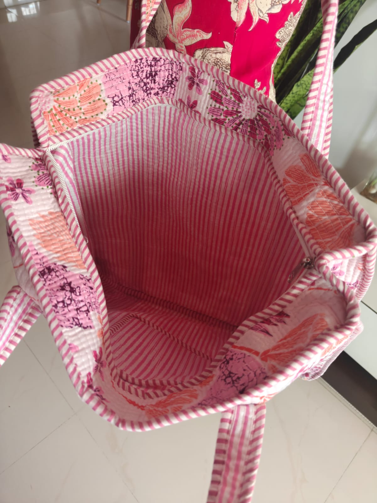 Striped Yellow Green Handblock Quilted Printed Tote Bag Palm Tree Shopping Bag For Girl Women