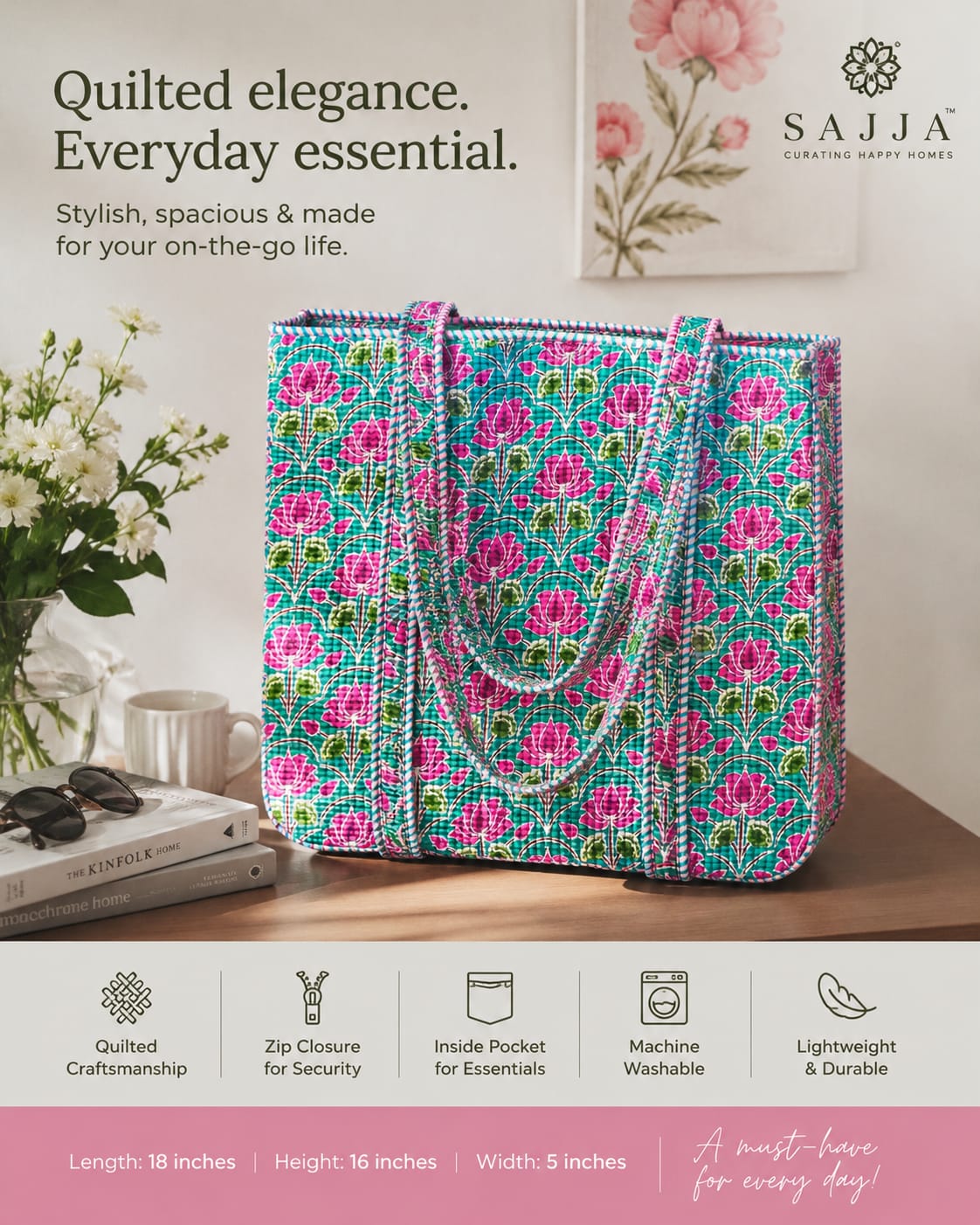 Trendy Women Floral Theme Hand Block Printed Shopper Tote Bag handbag -BYOB 