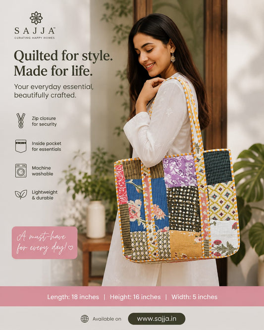 Patchwork Block print tote bag - Boho quilted women's bags  - Women's handbag - Grey Hand block Printed Quilted cotton Shoulder Bag
